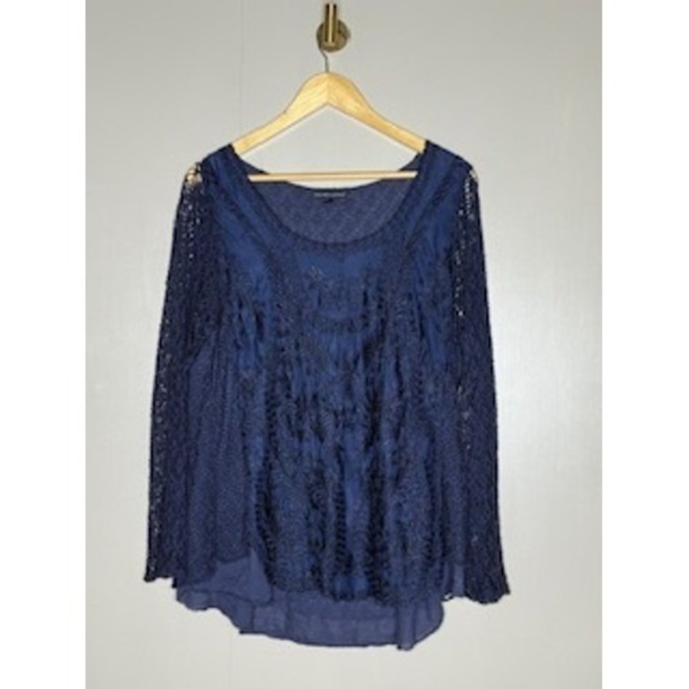 Saks Fifth Avenue Blue Lace Blouse Womens XL Made in Italy Layered Top